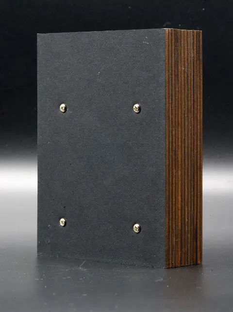The back of the object. It’s black, with four tiny screws in it.