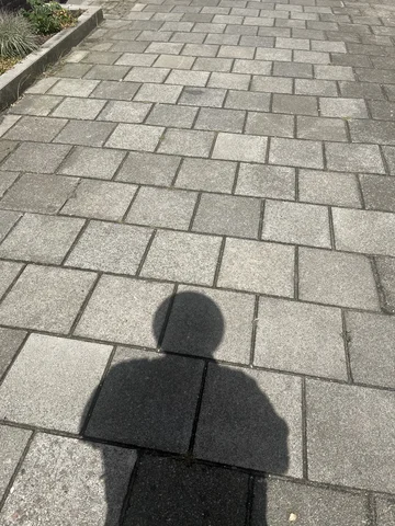 The shadow of a person with a remarkably circular, and remarkably large head. There’s a working clock in this circular head.
