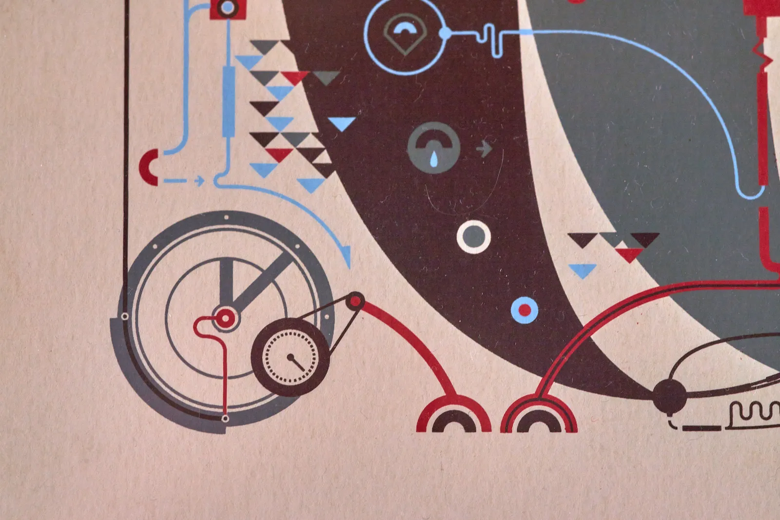On this detail of an art print there’s a clock that points at seven past twelve.