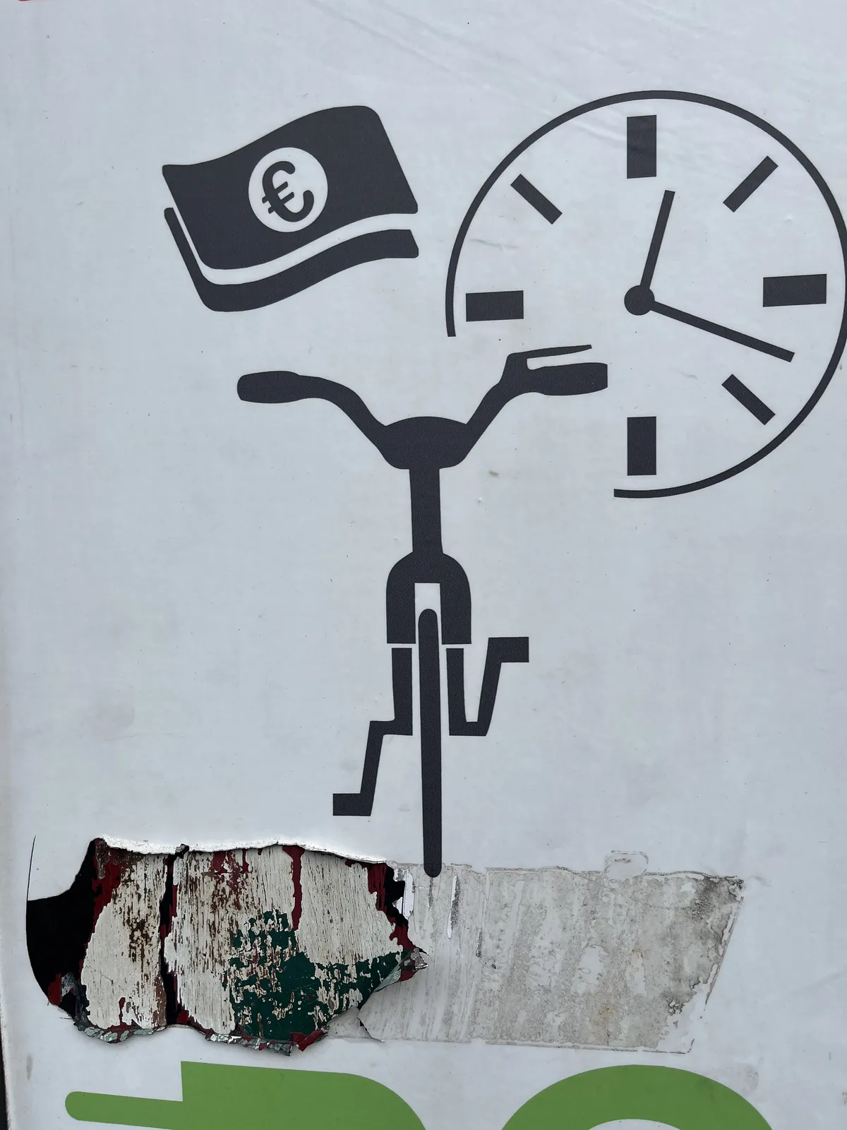 An icon printed on a worn down sticker. The icon shows a bycicle with a bank note and a clock. The clock points at 17 minutes past twelve.