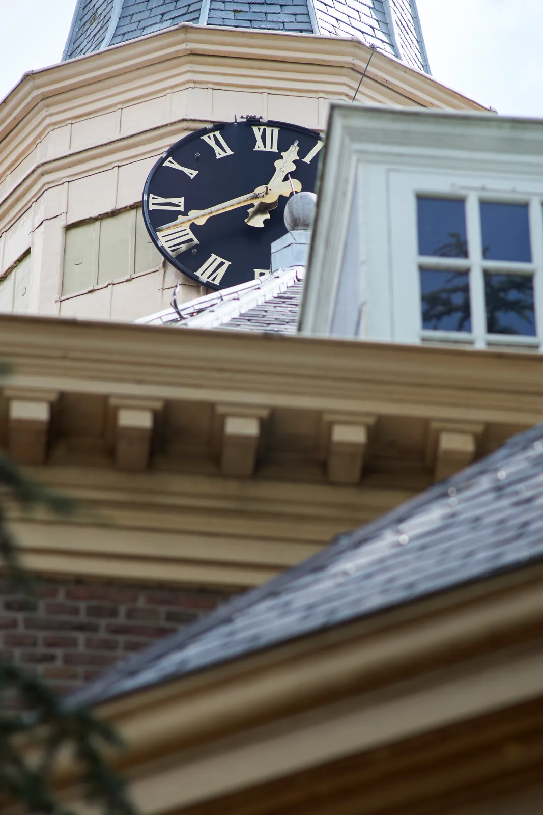 Looking up, over some roofs and windows, and past some tree branches. Part of a clock is visible, it points at 18 minutes to 1.