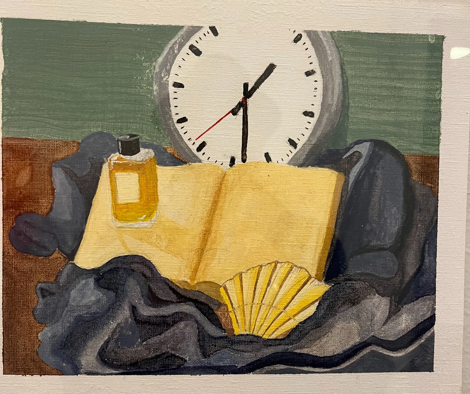 A still life painting. There’s a book, a perfume bottle, a sea shell, and a clock. The clock points at 28 minutes past one.