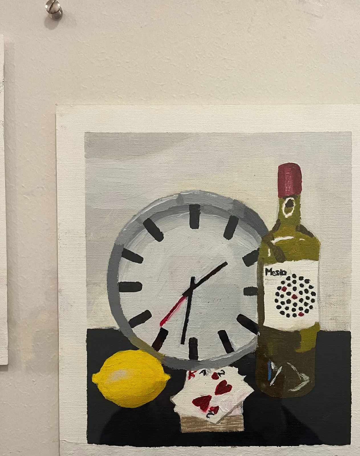 A painting of a deck of cards, a bottle of wine, a lemon and a clock that points at 29 minutes to 2.