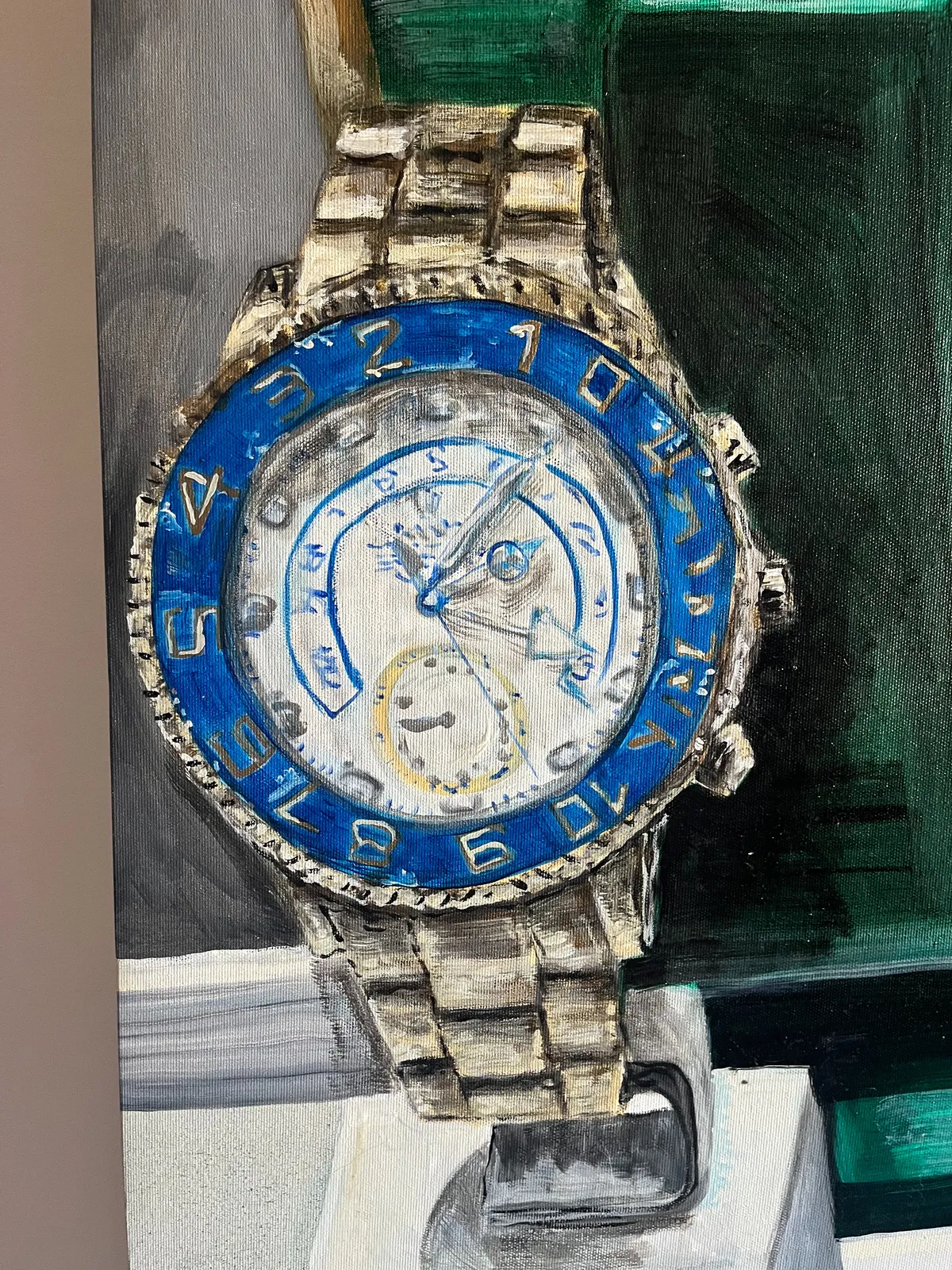 A painting of a macho watch. It seems to point at 5 past 2.