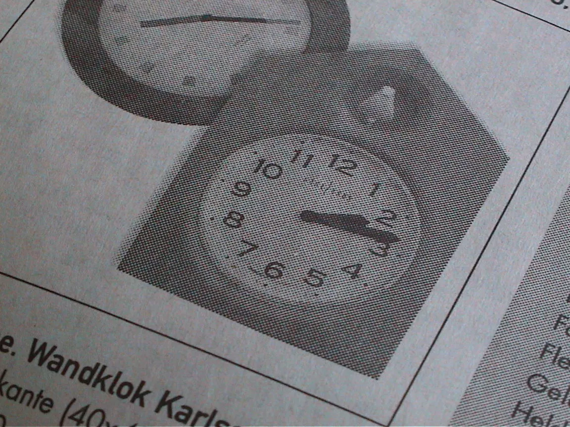 A clock in a newspaper advertisement says it is 13 minutes past 2.
