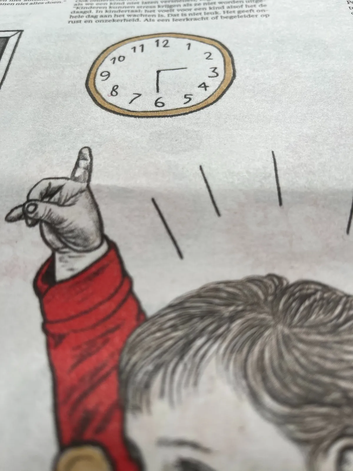 This clock is part of a drawn illustration in a newspaper. It points at half past 2.