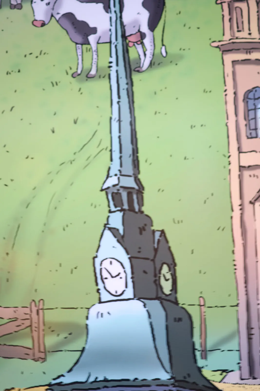 A detail of a cartoon drawing with a cow and some sort of a statue with a clock on it. The clock points at approximately 8 minutes to 3.