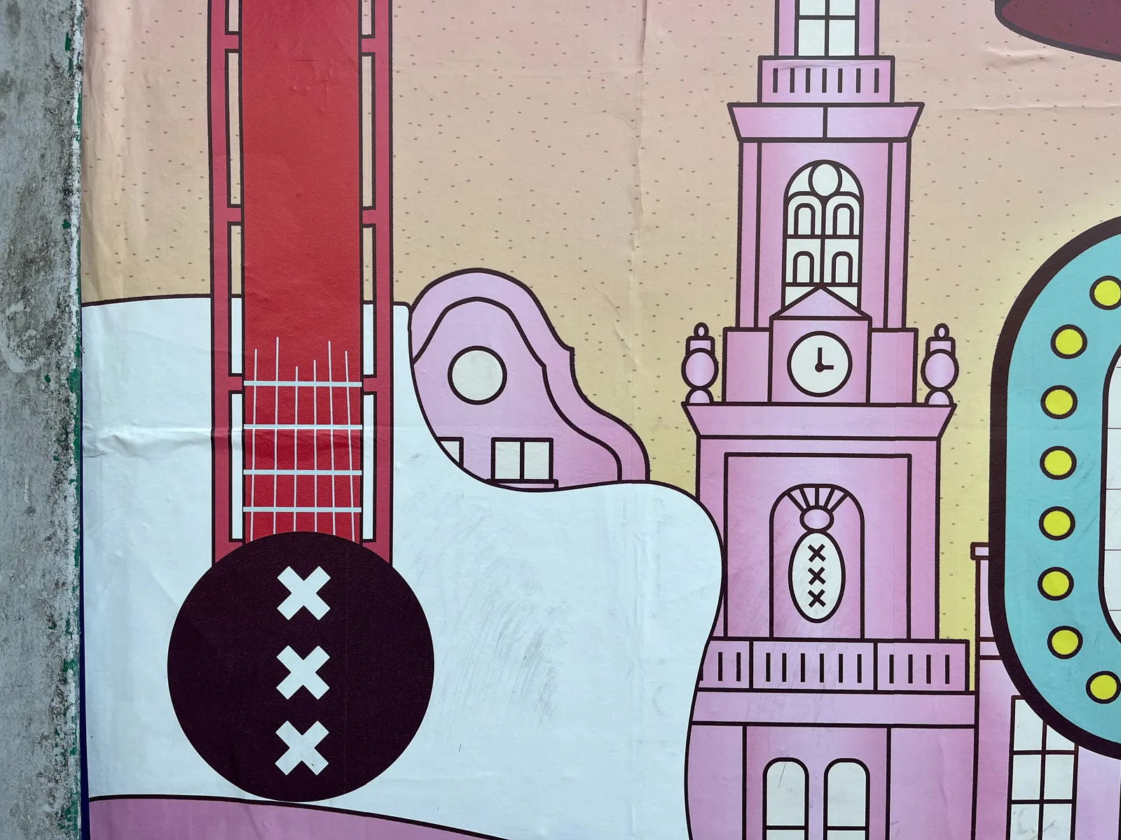 A detail of a brightly coloured poster, with illustrated buildings on it. One of the buildings looks like a chrurch tower, and it has a clock in it which points at exactly three o’clock