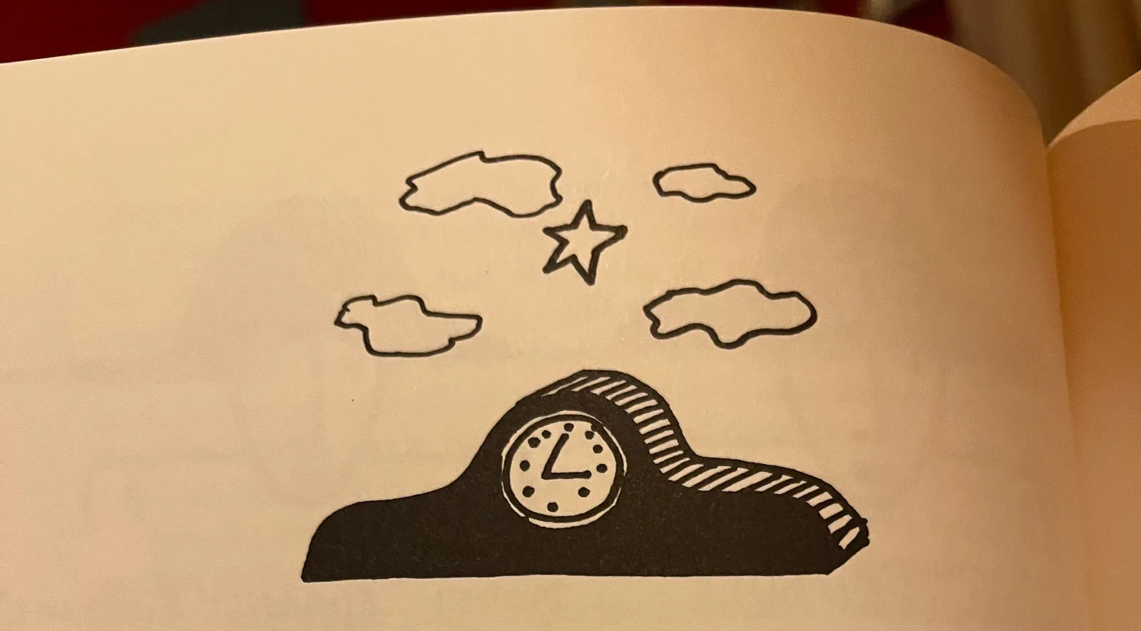 A drawing of a mantel clock, with clouds and a star over it. It has ten, not evenly aligned hour indicators. The hands are joined off center, more to the left. The angle that the hands make, make it seem as if the clock points at approximately five past three, but maybe it’s something else, since there are only ten hours…