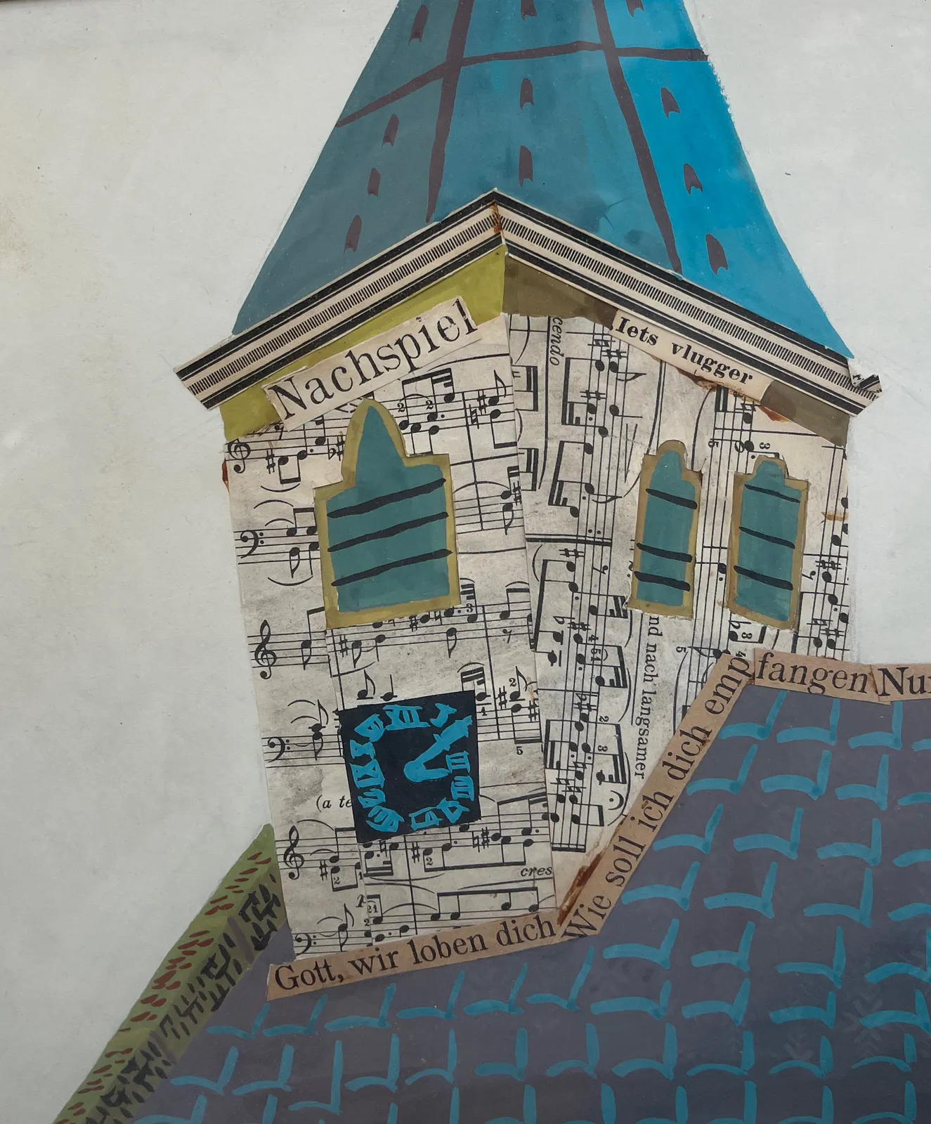 The clock on this collage of a church tower points at ten past 3.
