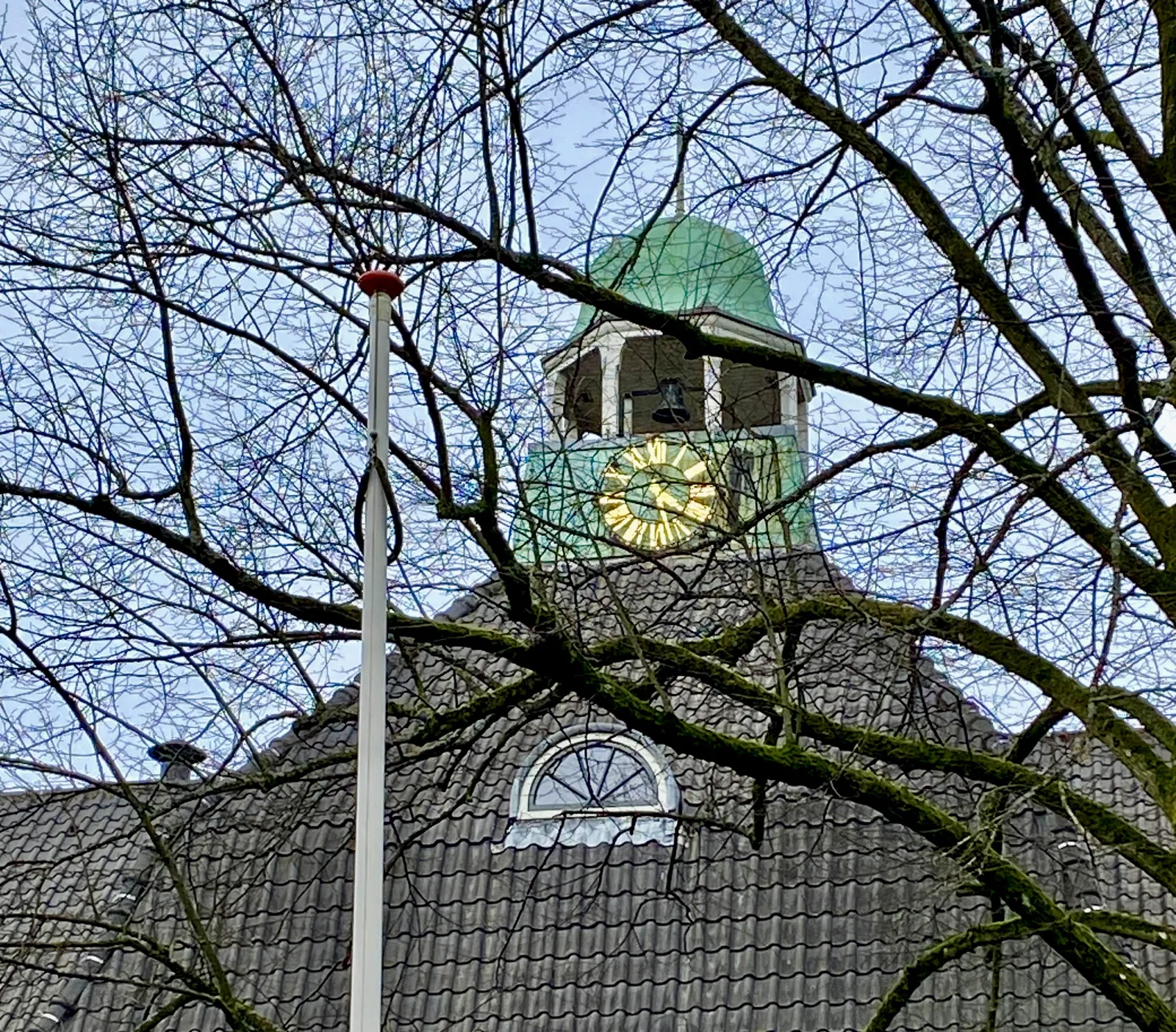 Peeking through the branches of a leafless tree to a clock on top of the roof of an old building. It points at 27 minutes past 4.