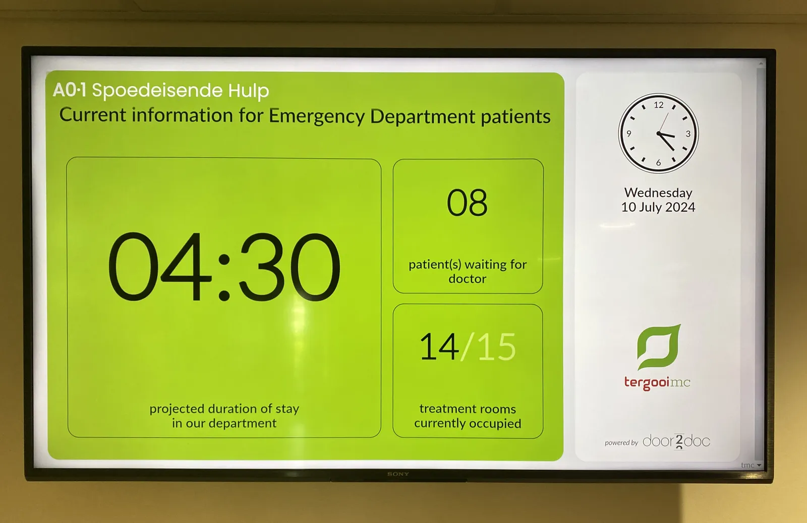 A digital display from the emergency ward of a Dutch hospital. In large type it says 04:30. So it could be half past 4. But there’s also an image of an analogue clock on this display that points at a different time. So it could also be 23 minutes past 3.