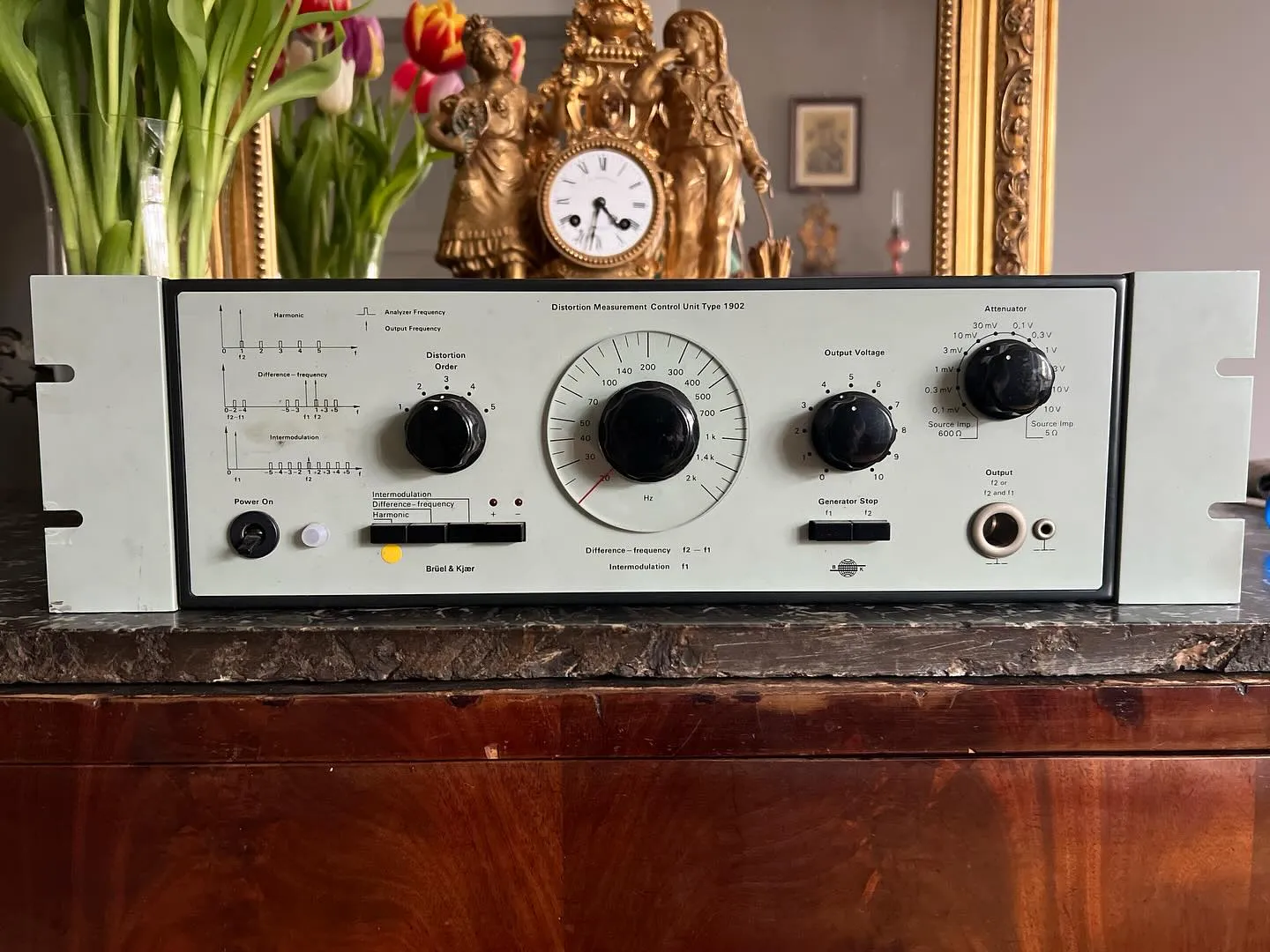 In the foreground there’s a fascinating device with all kinds of knobs and dials. It says it’s a Distortion Measurement Control Unit Type 1902. Behind this apparatus there’s a golden clock in the shape of two people leaning against a thing. This clock points at 28 minutes to 5. 