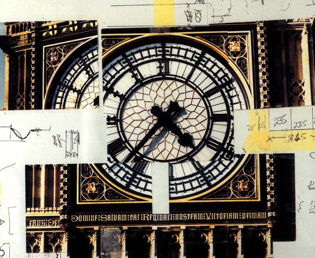 The clock on the artistic collage points at 37 minutes past four.