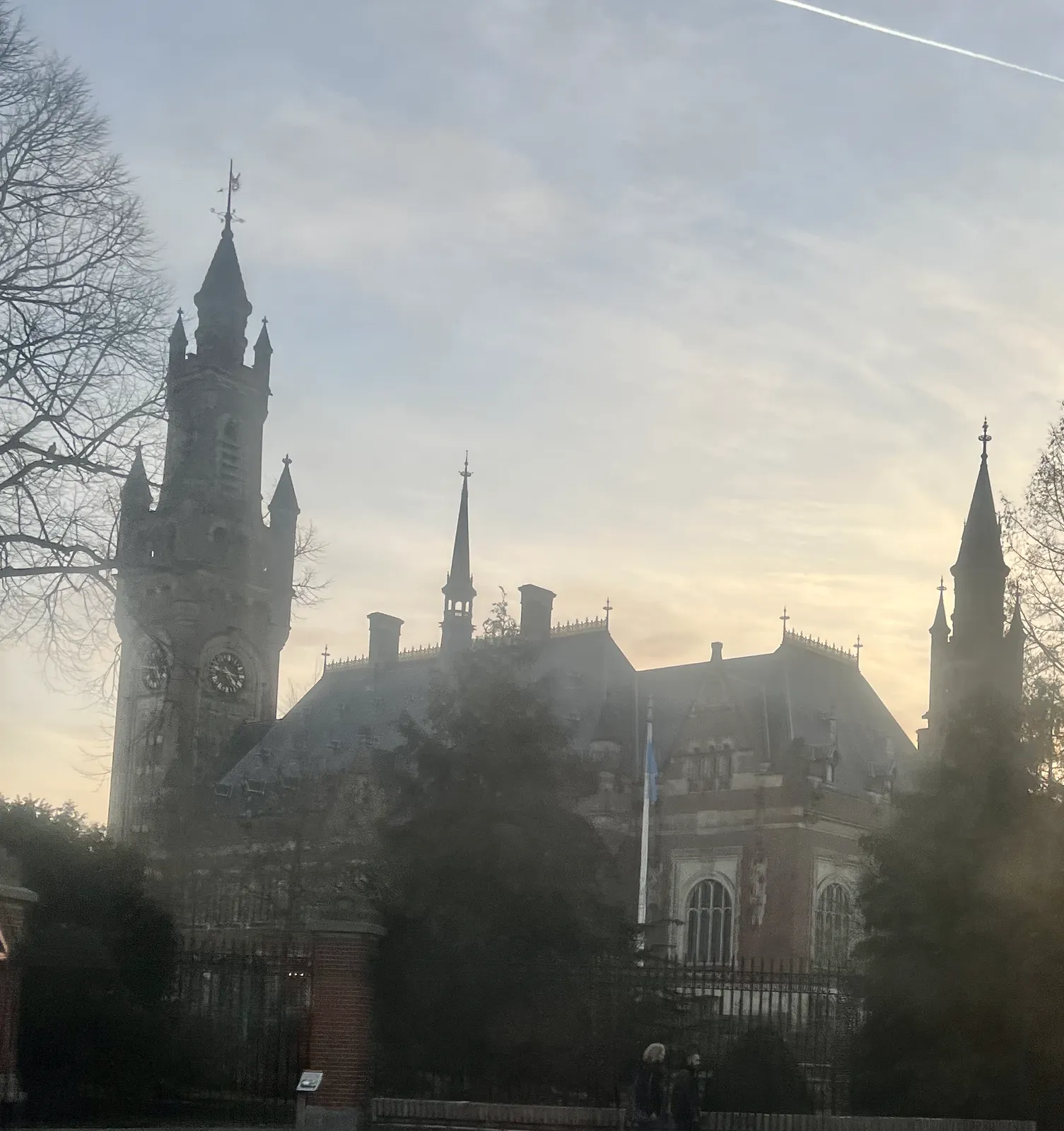 The Peace Palace in The Hague. There’s a clock on its main tower which points at 14 minutes to five.