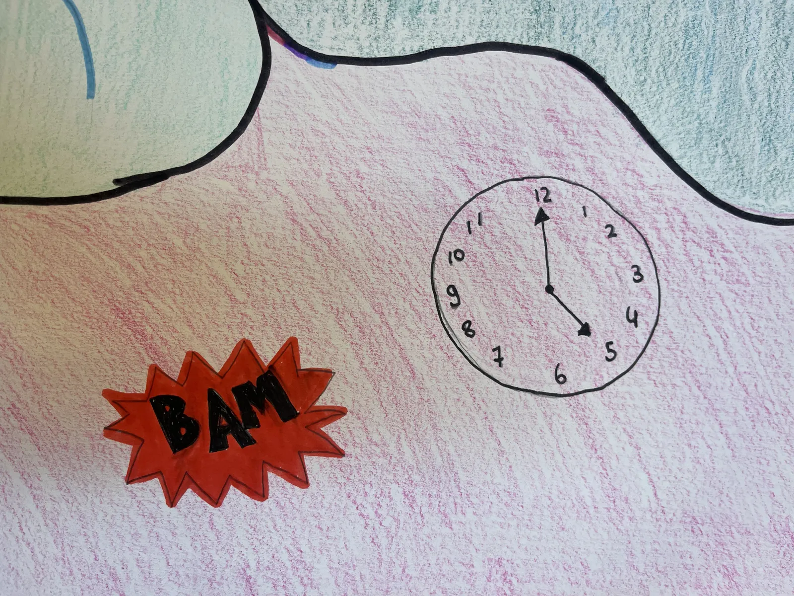 A detail of a pencil drawing. The word BAM is written on a red explosion. And on the right there’s a drawing of a clock that points at approximately one minute to 5.