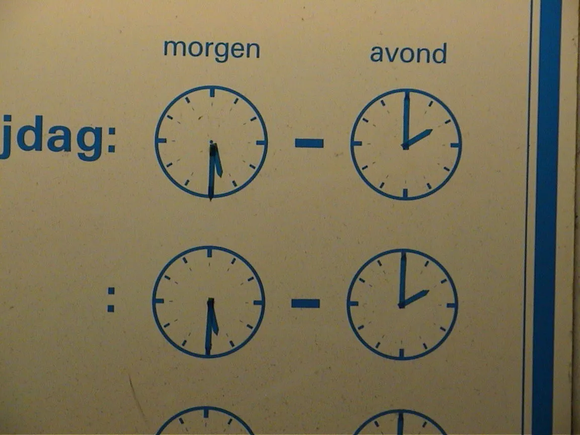 Four clocks on a poster. Two of them point at five thirty, which it is now, and two others point at two o’clock.
