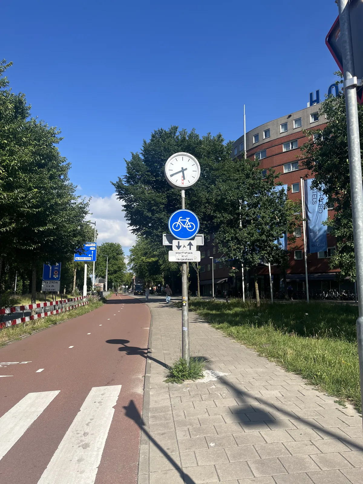 A clock on a pole, next to a bike lane, in front of a tree and a tall, modern brick building. The clock points at 19 minutes to six.