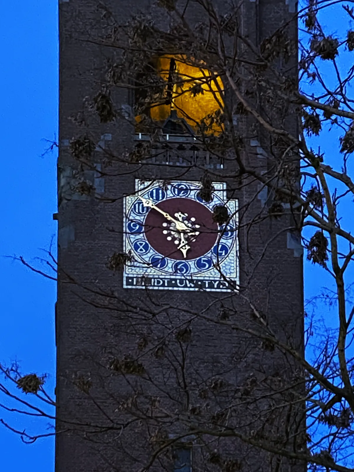 Looking through some branches of a tree at a church tower with a clock. It points at 8 minutes to 6.