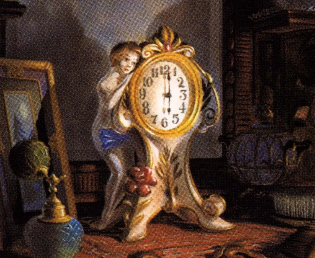 This frivolous clock points at six o’clock exactly.