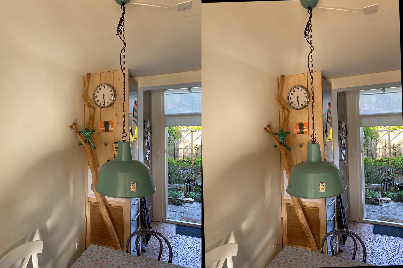 It seems like these two pictures are identical. There’s a tiny shift in the point of view though. In this stereo image of a living room there’s a clock that points at 29 minutes past 6.