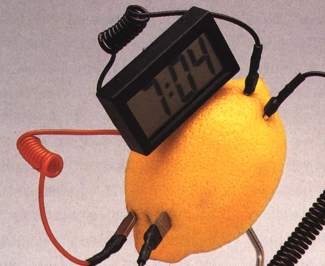 A digital clock that seems to draw its energy from a lemon, says it 07:04