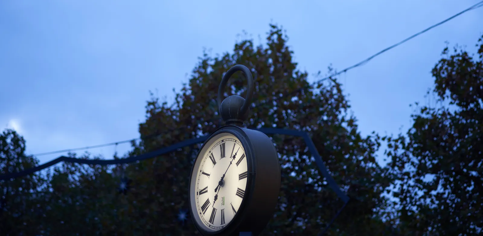 A large city clock in the shape of an old watch. In the background the silhouettes of trees against in the twilight. The clock points at 7 past 7.