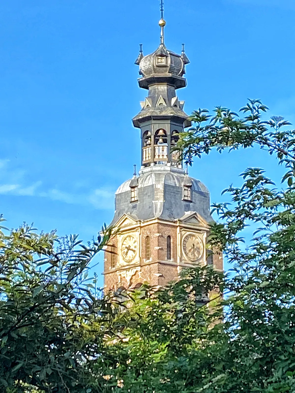 Peeking through some trees at a oddly shaped church tower with two clocks on it. One of them points at 19 minutes past 7, the other at 29 minutes past 7.