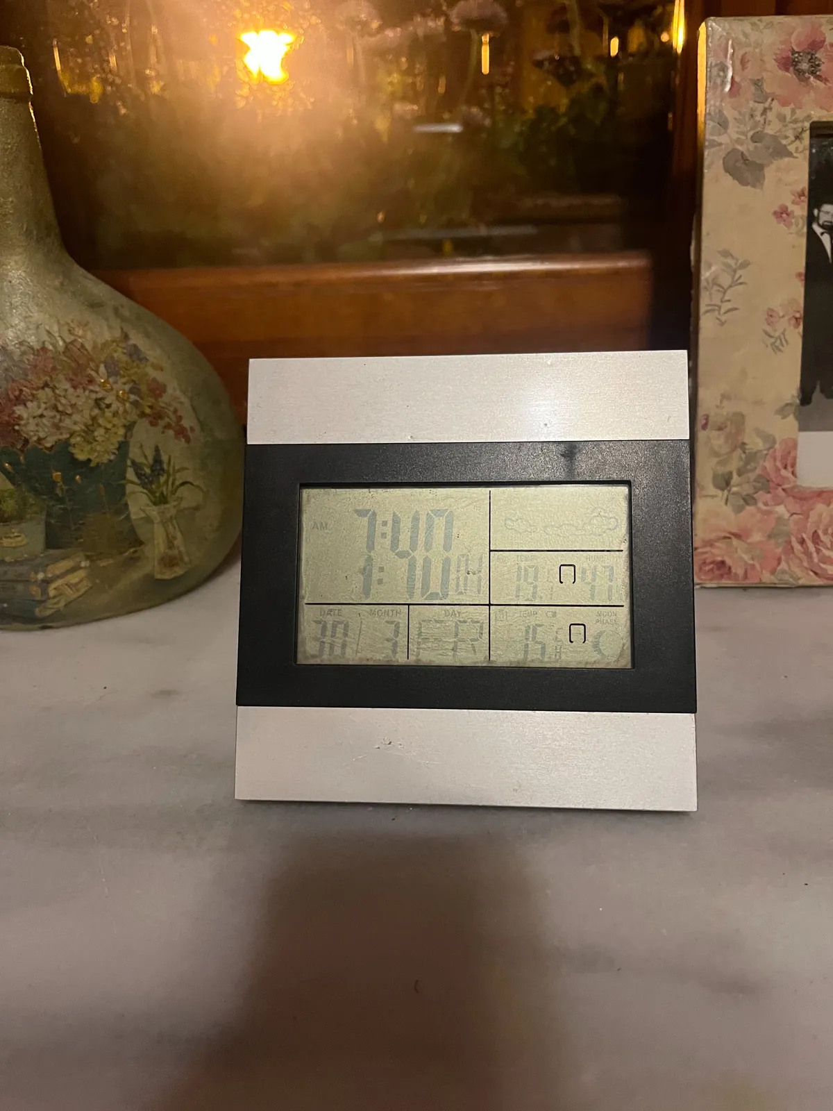A digital display which shows, among many other things, the time as 07:40 AM