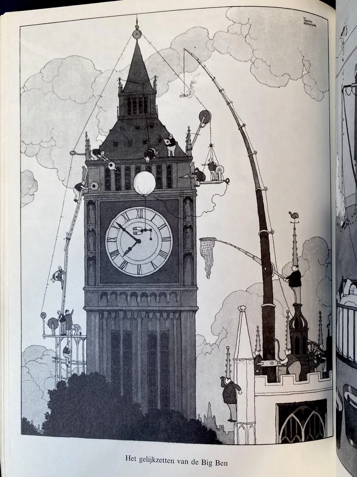 A drawing of many, many people doing all kinds of things on dangerous, and fragile constructions around the Big Ben tower. The caption of the image says Setting the time on the Big Ben. The clock on the Big Ben points at 9 minutes to 8.