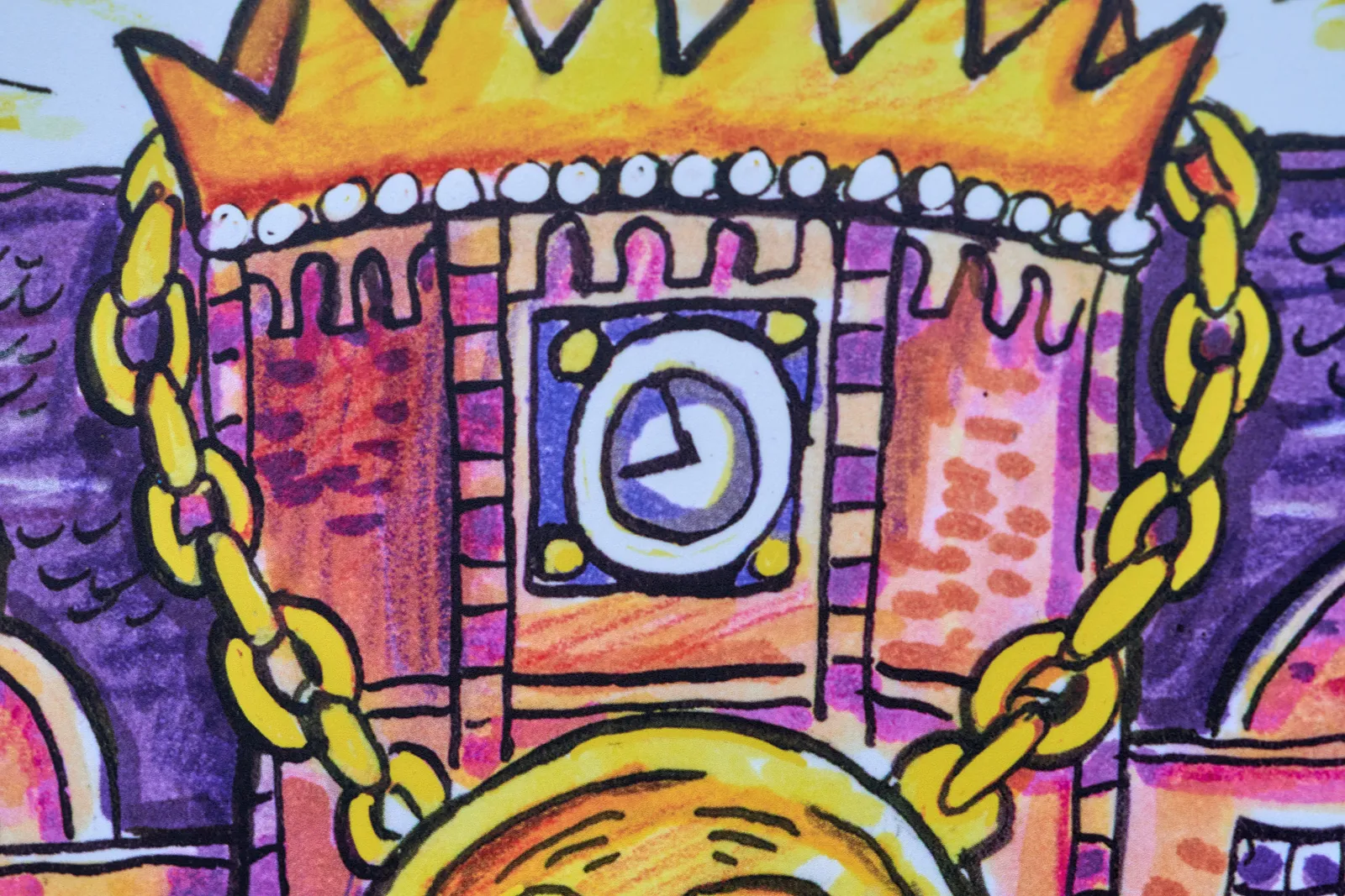 A cartoonish drawing of a clock on a building with a gold chain. Is seems to be approximately 6 minutes to 9.