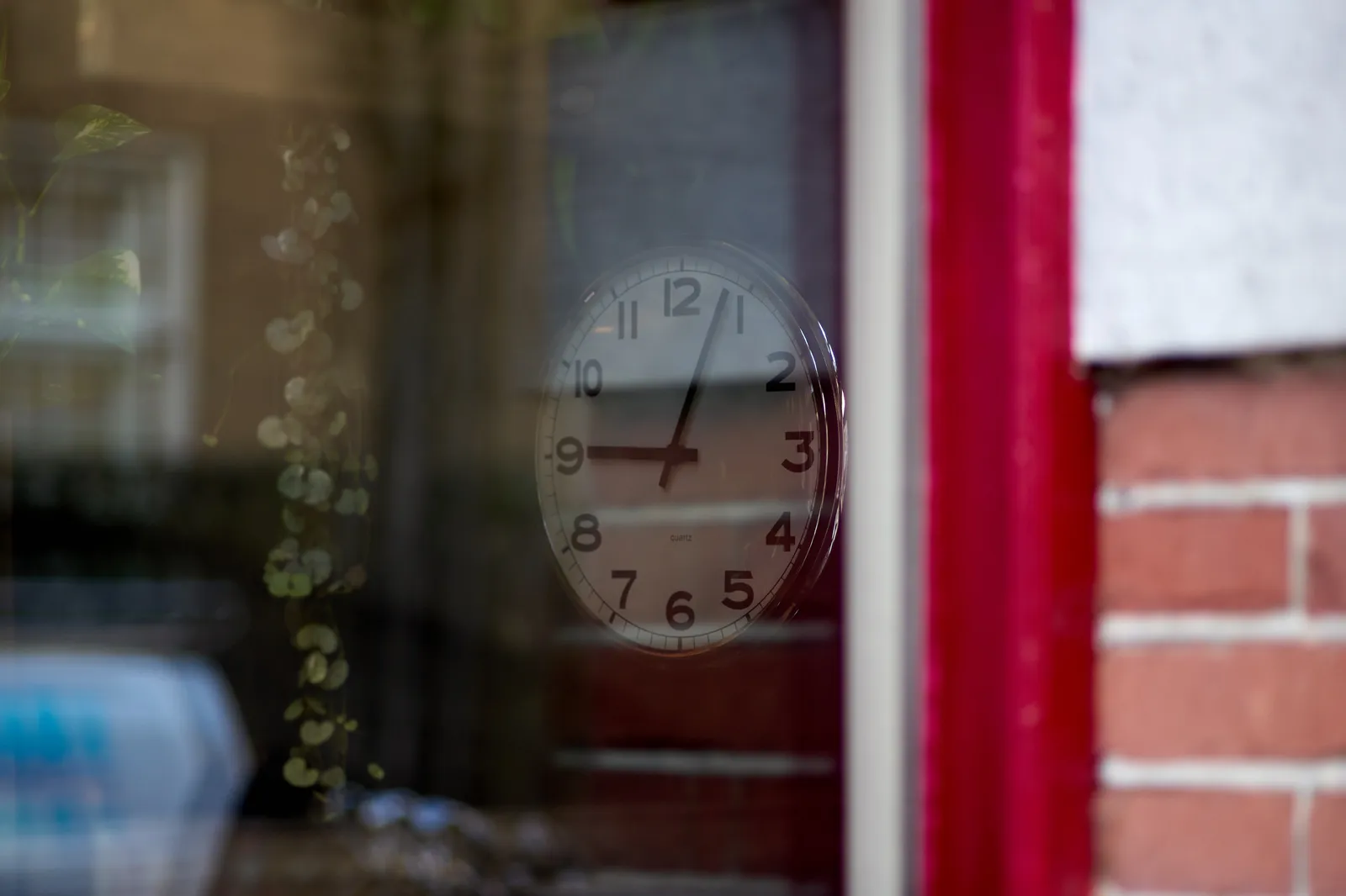 Peeking through a window, with a red frame.  Inside there’s a plant and a clock, which points at 3 minutes past 9.
