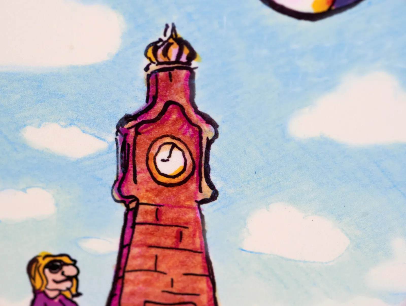 A cartoonish drawing of a clock on a tower. It seems to point at 3 past 9.