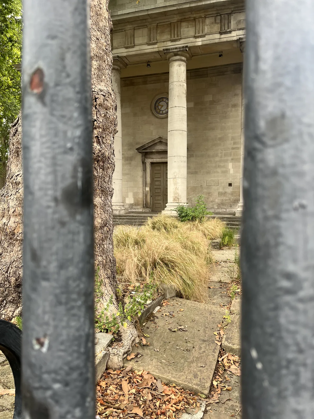 Peeking through a fence, past a tree, past two columns of a neoclassical building at the clock on the facade of this building. It points at 37 minutes past nine.