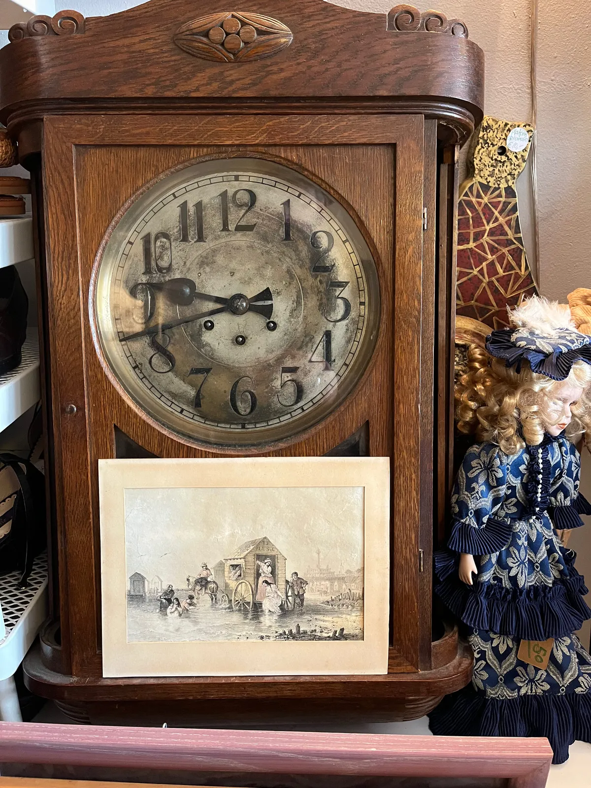 An old wooden clock in a pawn shop points at 42 past 9.
