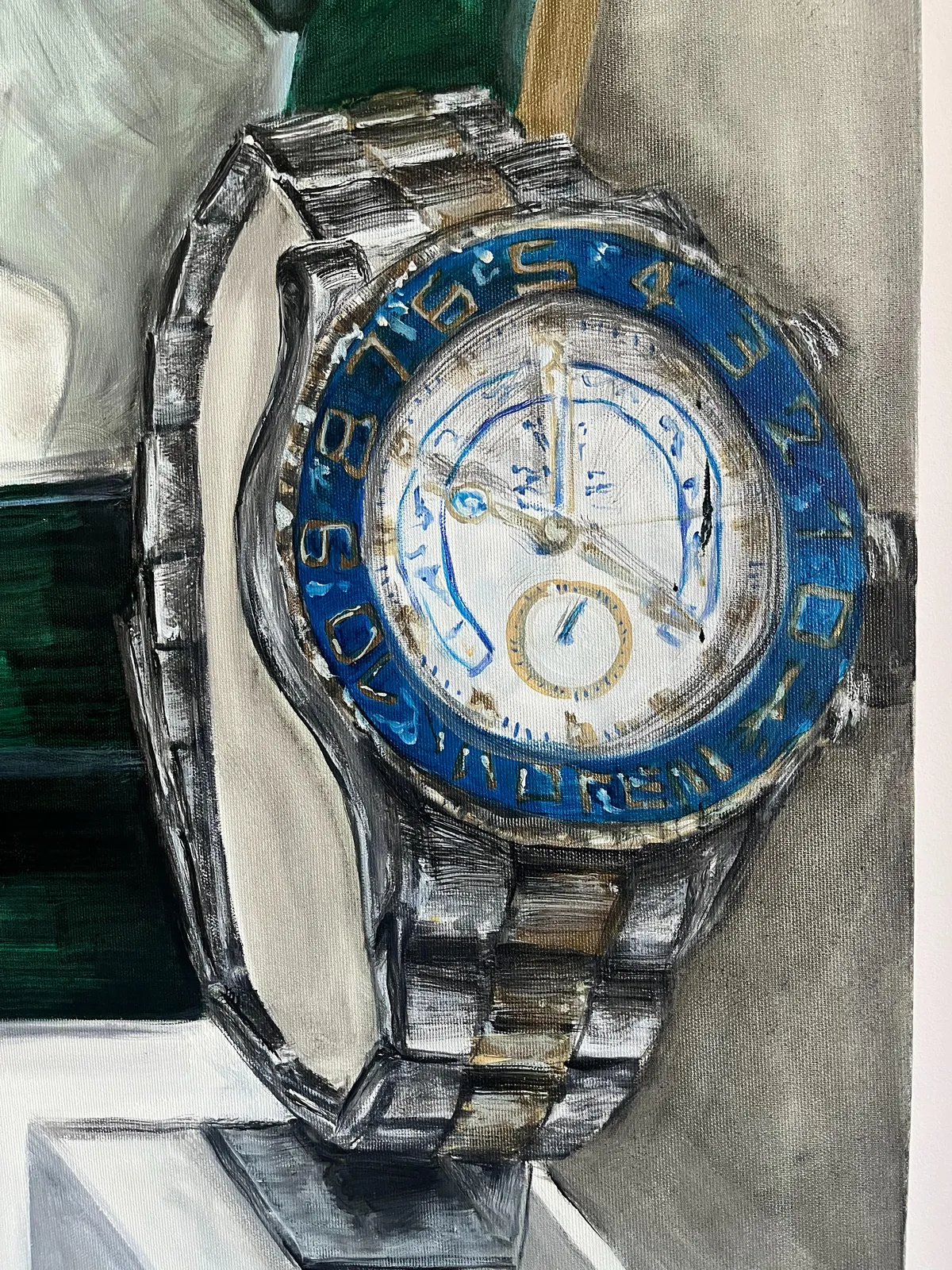 A painting of a macho wrist watch that points at 10 o’clock.