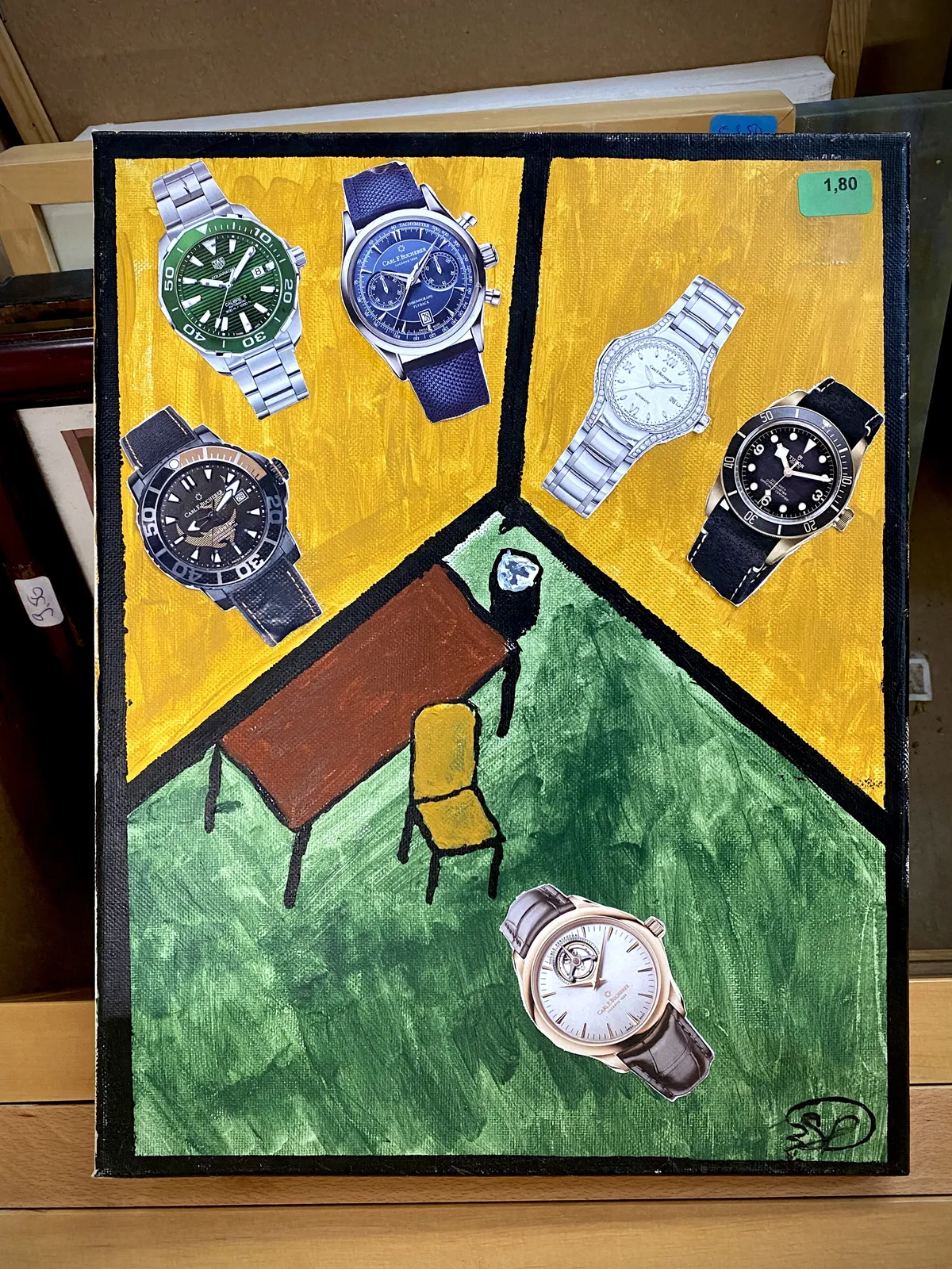 A naive painting, slash collage, of some brightly coloured triangles, and a chair, and six pictures of fancy watches. One of the watches points at 12 minutes past 9, the others all point at somewhere between 8, and 10 minutes past 10.