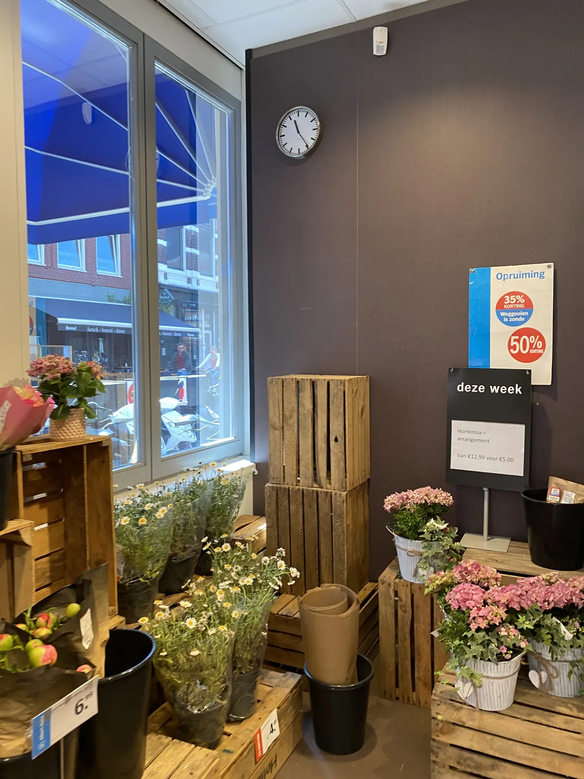In a flower shop the clock points at 24 past 11.