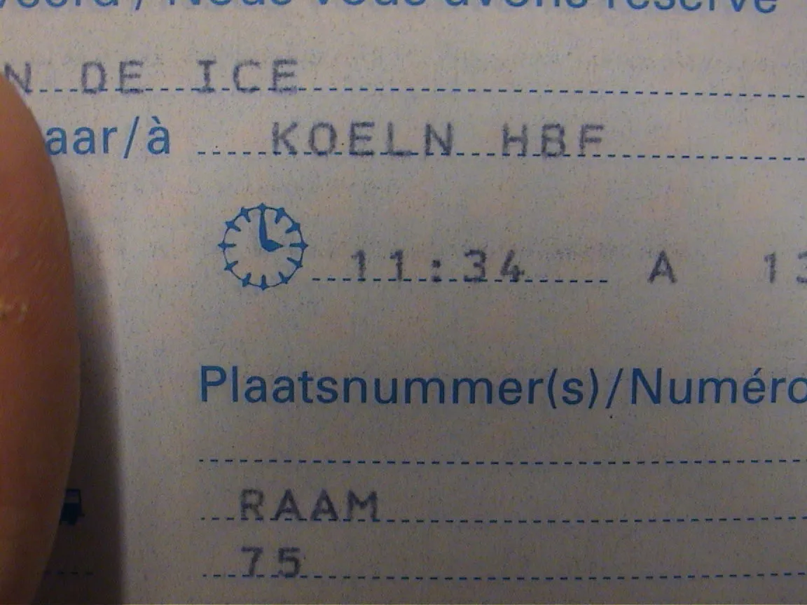According to this ticket, the train to Koeln HBF leaves at 11:34