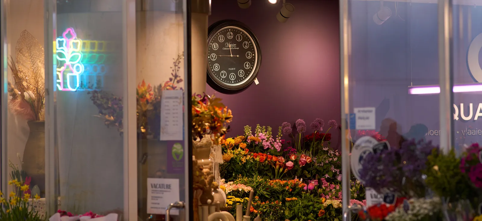 Peeking into a florist shop. In the shop there’s a purple wall with a clock on it that points at a quarter to 12.