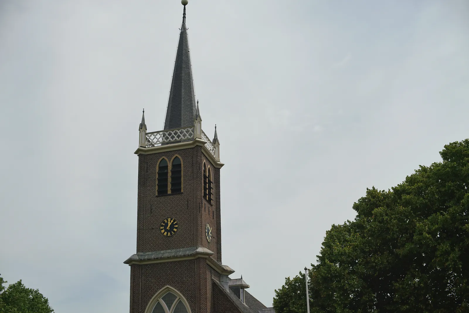 Some trees and a church. There’s a clock on the church tower. It points at 5 past 12.