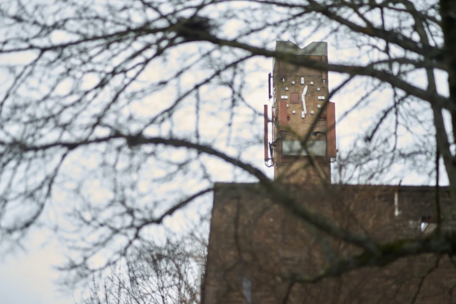 A modernist church tower seen between the twigs of a tree. The clock points at 12:29
