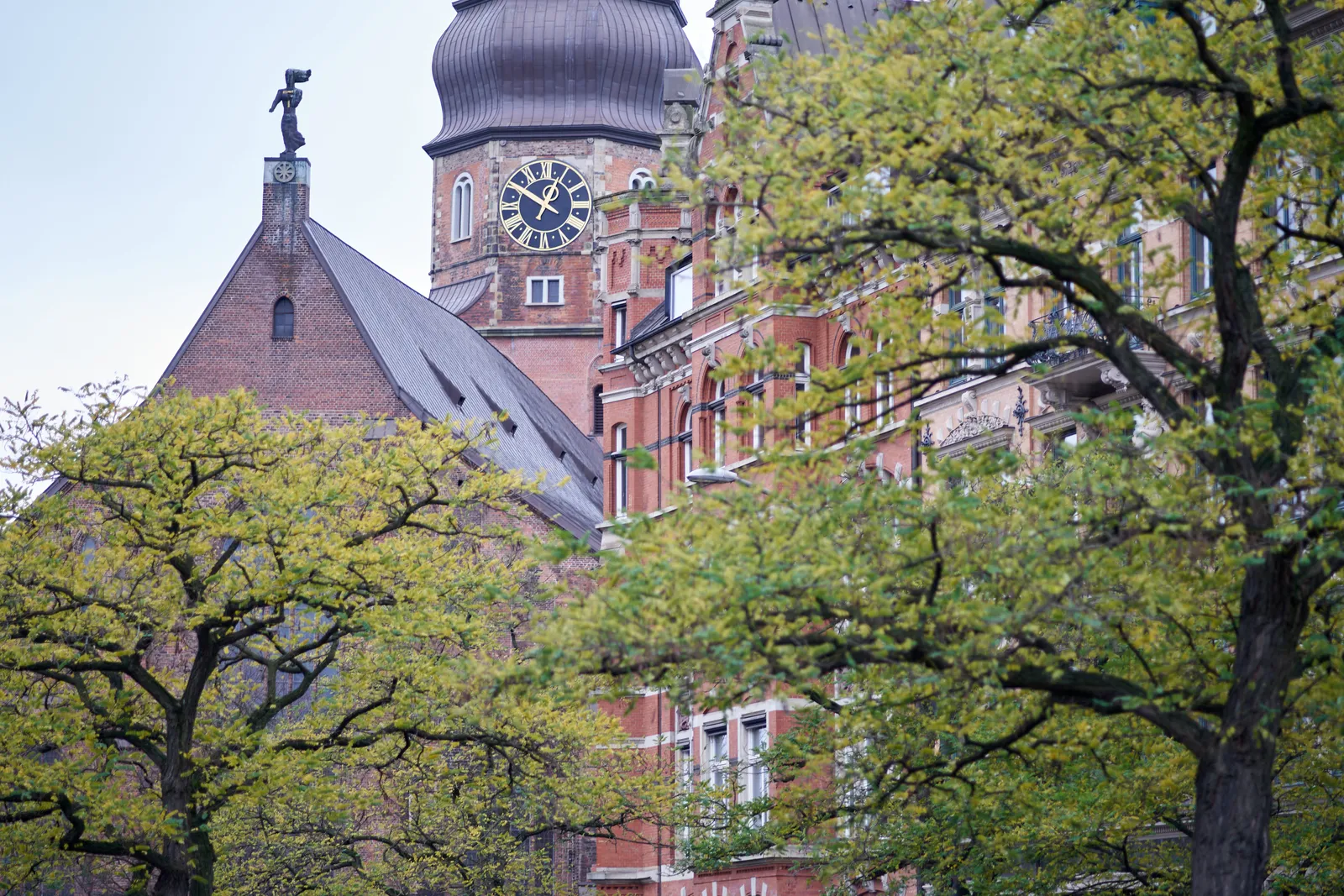 Trees in the foreground, and an older building in the background. Behind it is a bulbous tower with a clock on it. It points at 8 minutes to one.