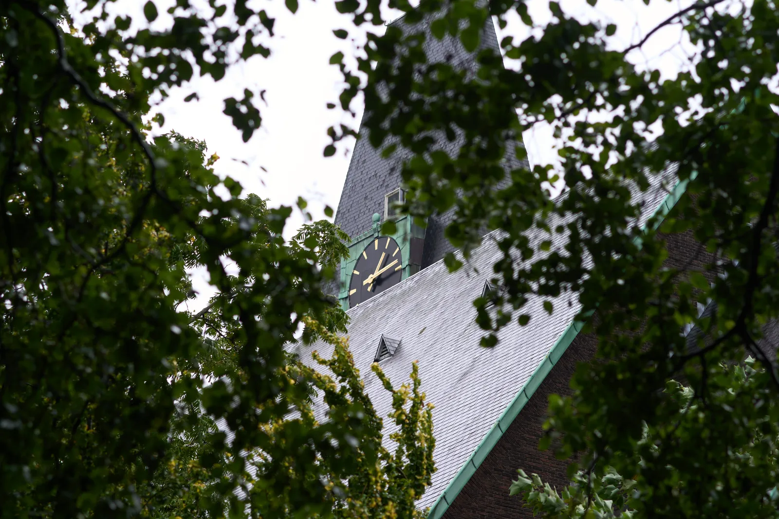 Peeking through the leaves of trees to a large brass clock on a church tower. It points at 14 minutes past one.