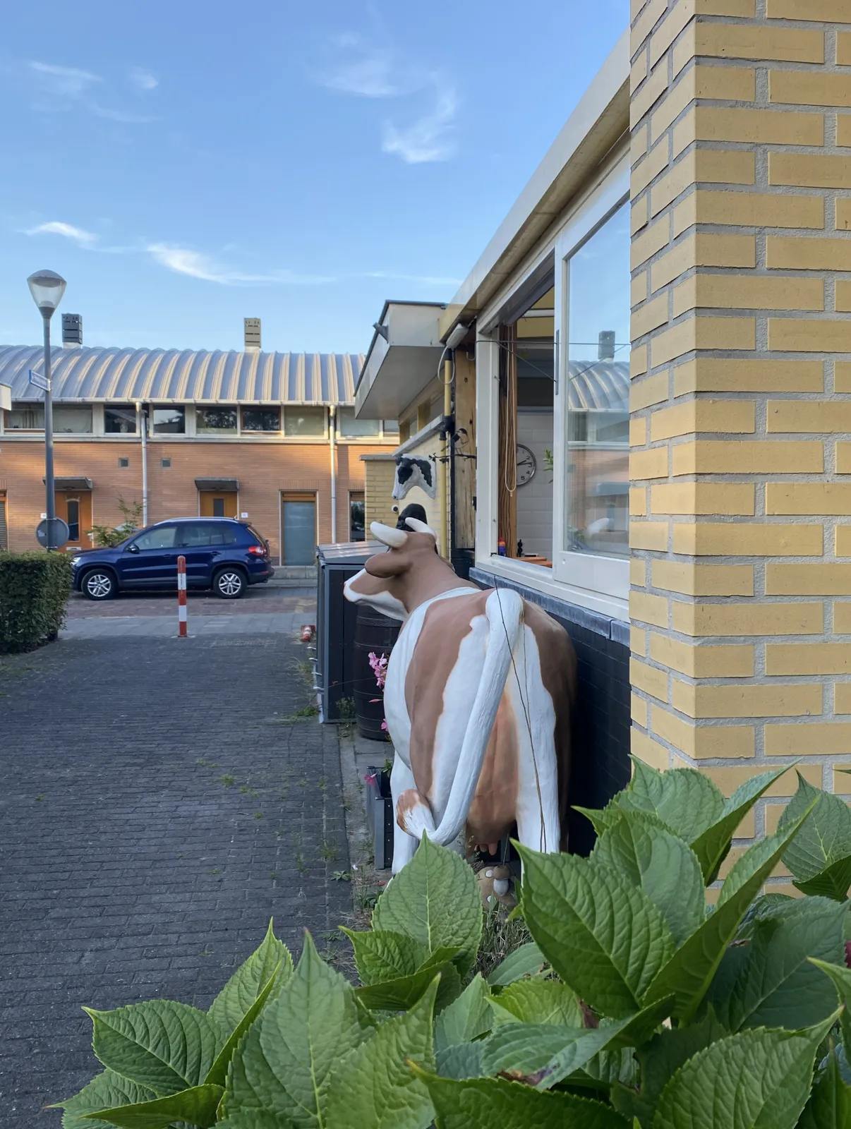 A weird, almost cinematic scene. A statue of a cow in front of an open window. Thrue the open window, if you look closely, you can see a clock. On the clock it is 13 past 2.