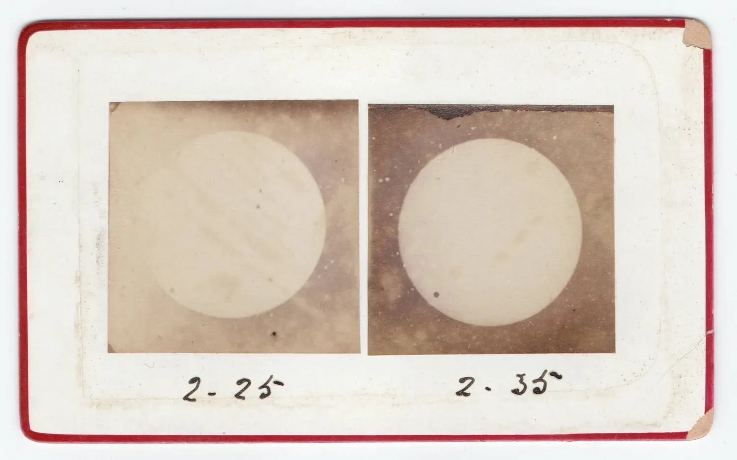 Two pictures of the sun. More specific, two pictures of the Transit of Venus, taken by Samuel Cooper, in 1882, with a self made telescope, in Cape Town. The timestamps below the two pictures say 2.25 and 2.35. This must, or course, be in the afternoon.