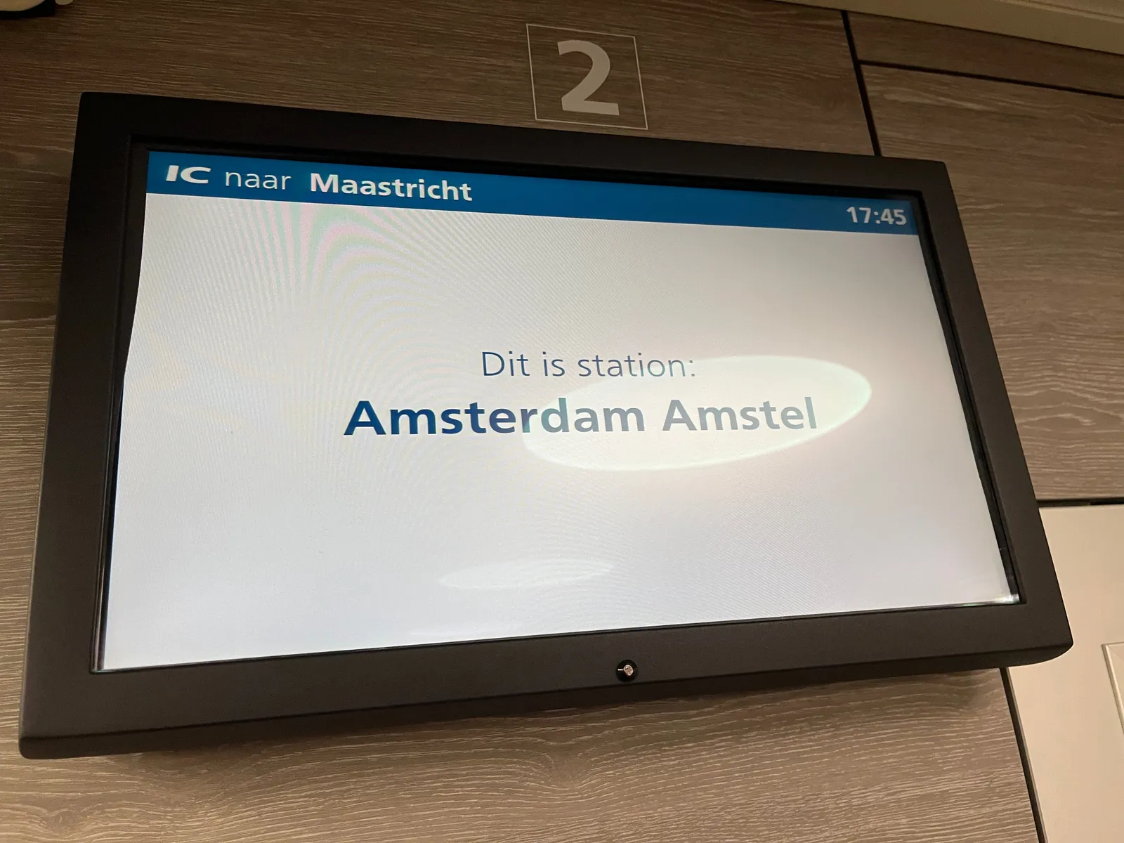 On a display in the intercity train to Maastricht it says that this is Amsterdam Amstel station. It also says the time, which is 17:45