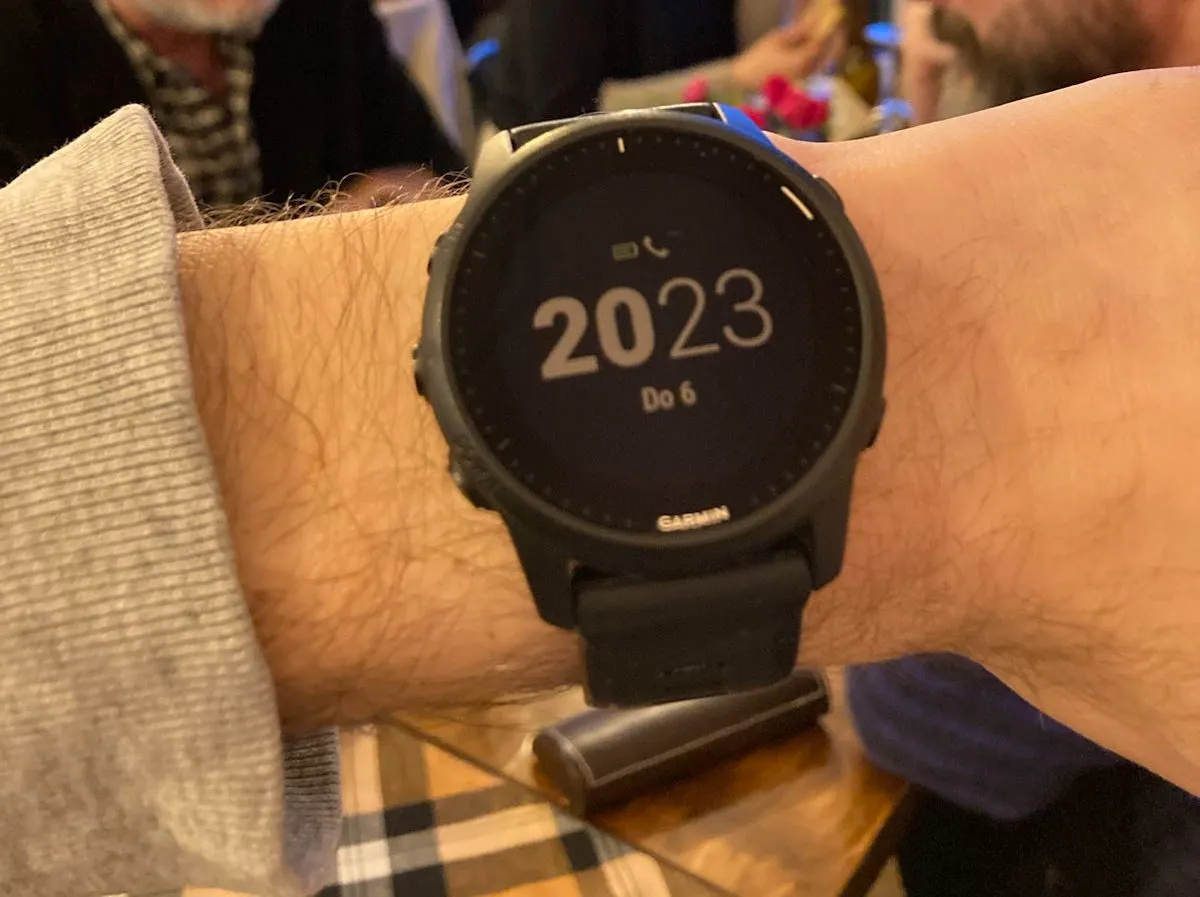 If you look closely, in the background, blurry, two people with beards can be seen. Are they influencers? In the foreground a dark wrist watch, on a wrist. It says it is 20:23.