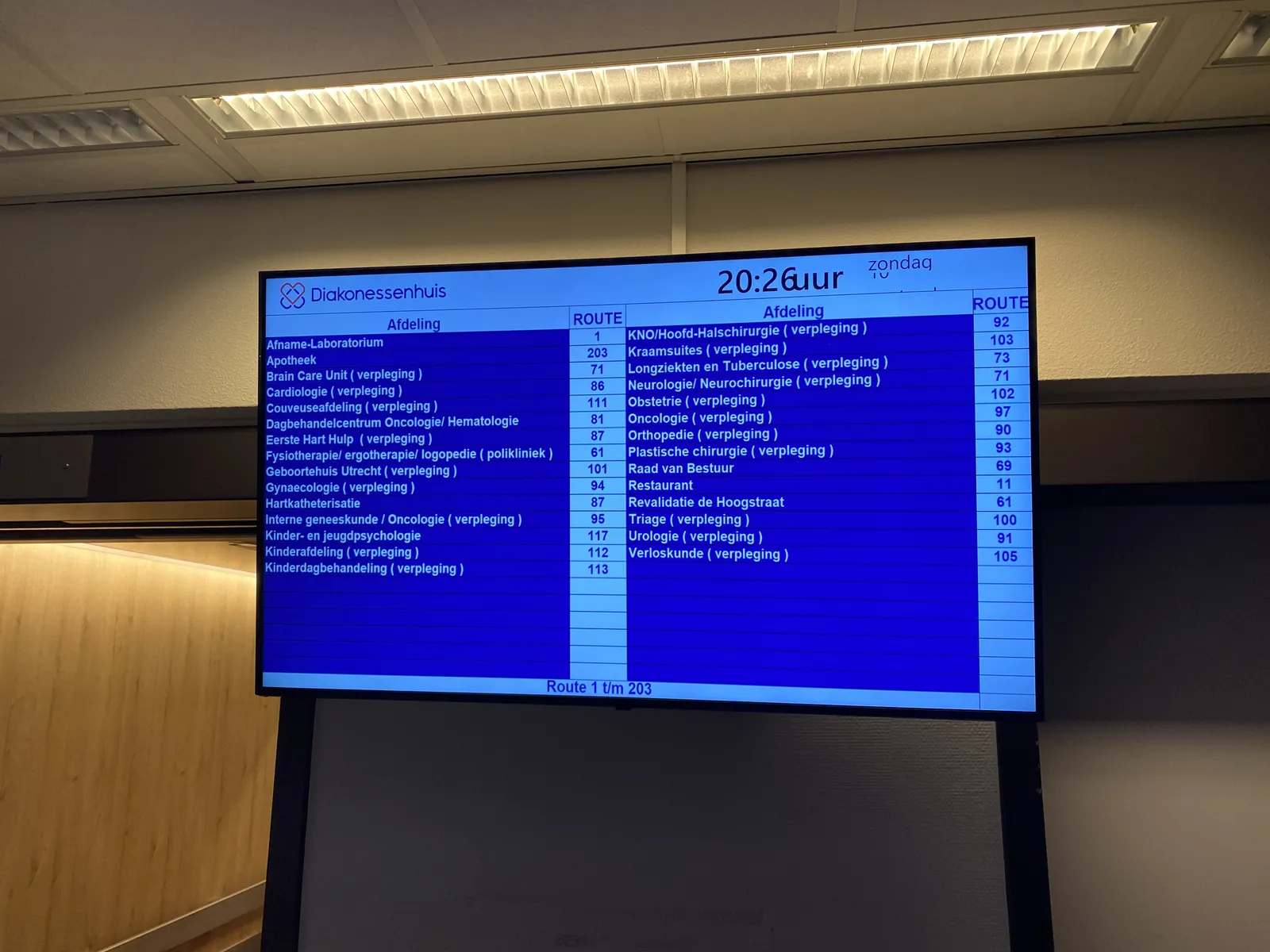 A screen in a hospital with all the different wards on it. Something went wrong while styling the clock on this screen: There’s no space between the numbers 20:26 and the word uur, which means Hour in Dutch. 