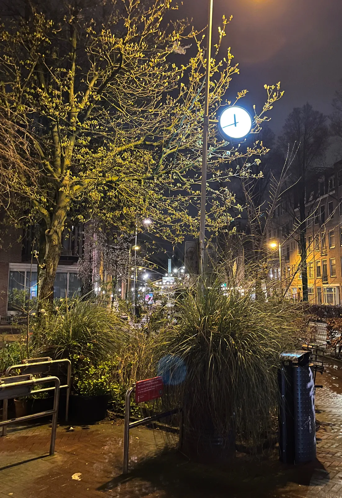 A picturesque night scene in Amsterdam. Quite some trees and plants and a clock attached to a pole. On this clock it is 20 minutes to midnight.